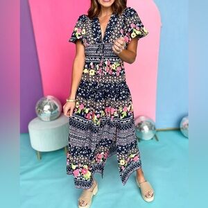 NWOT Entro Navy Floral Maxi Dress with Bubble Sleeves